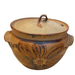 Vintage Glazed Stoneware Art Pottery Lidded Brown Bowl‎ Soup Tureen With Handles